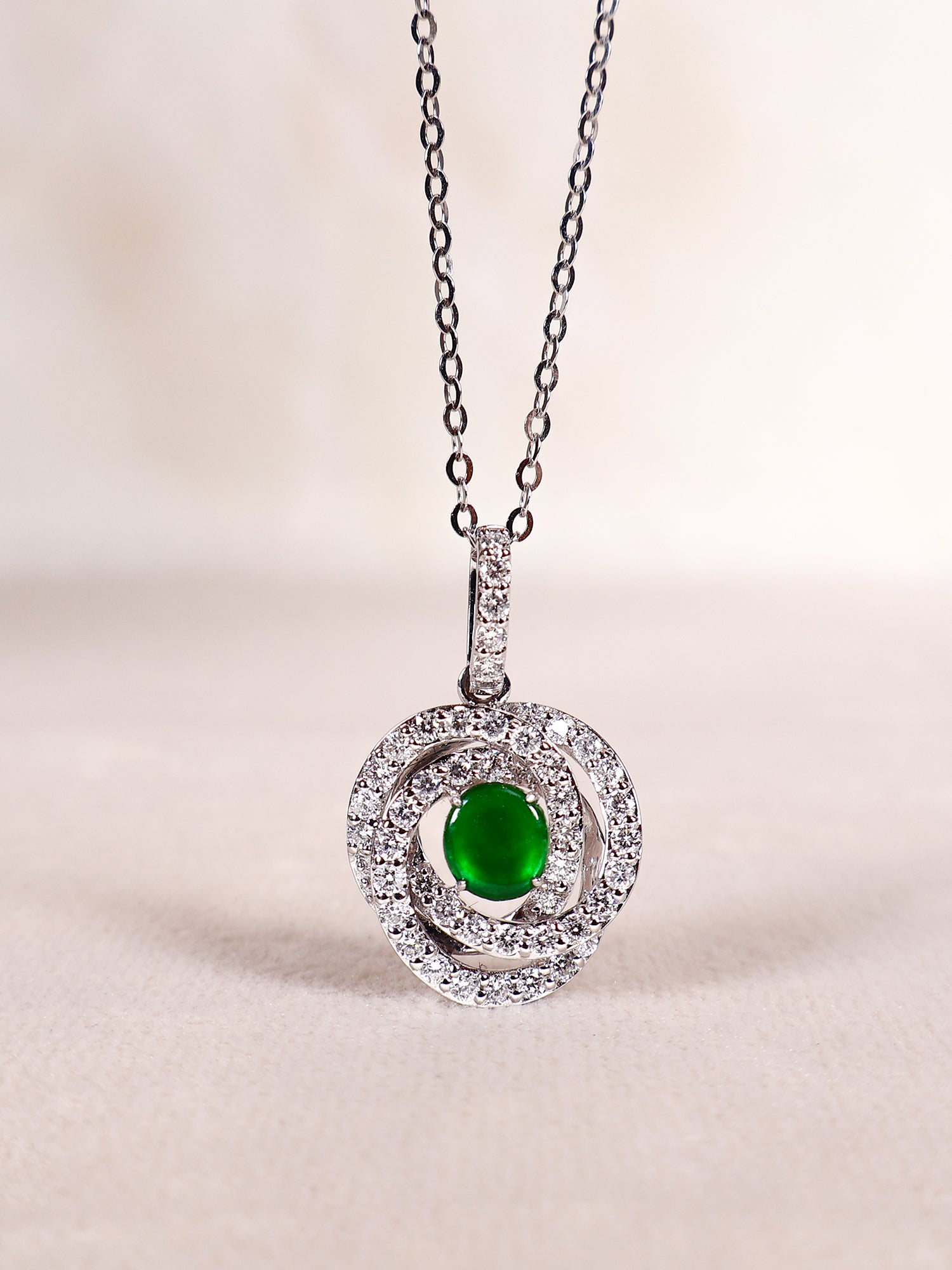 18k White Gold Diamonds Pendant, Natural Jade Necklace