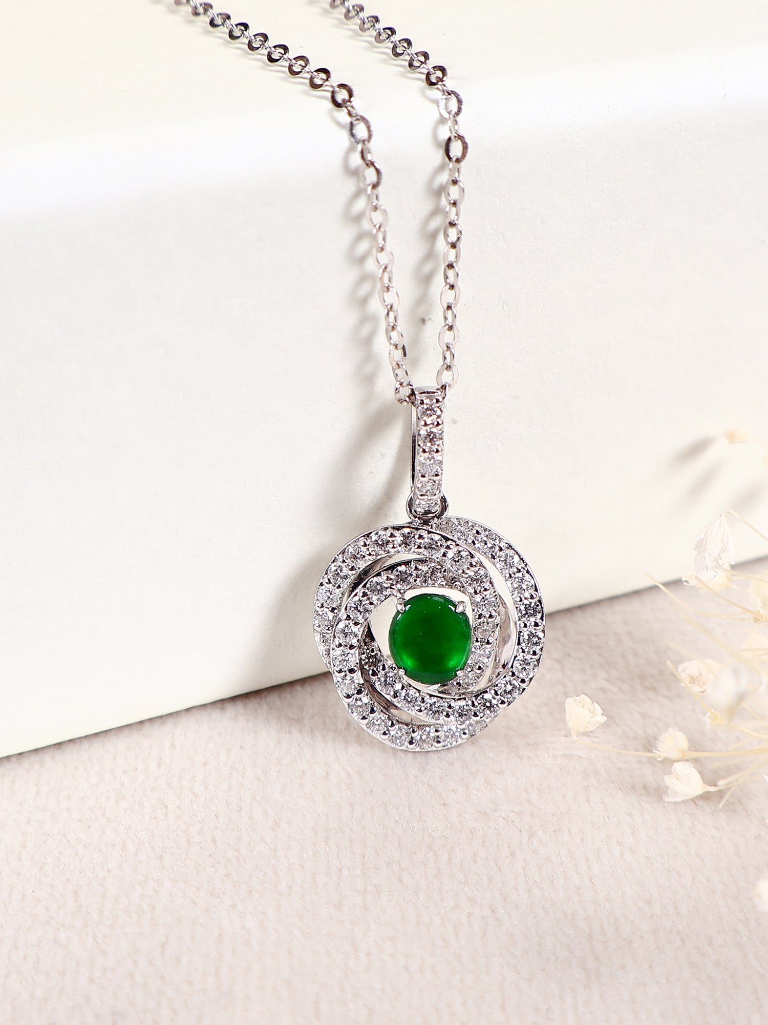 18k White Gold Diamonds Pendant, Natural Jade Necklace