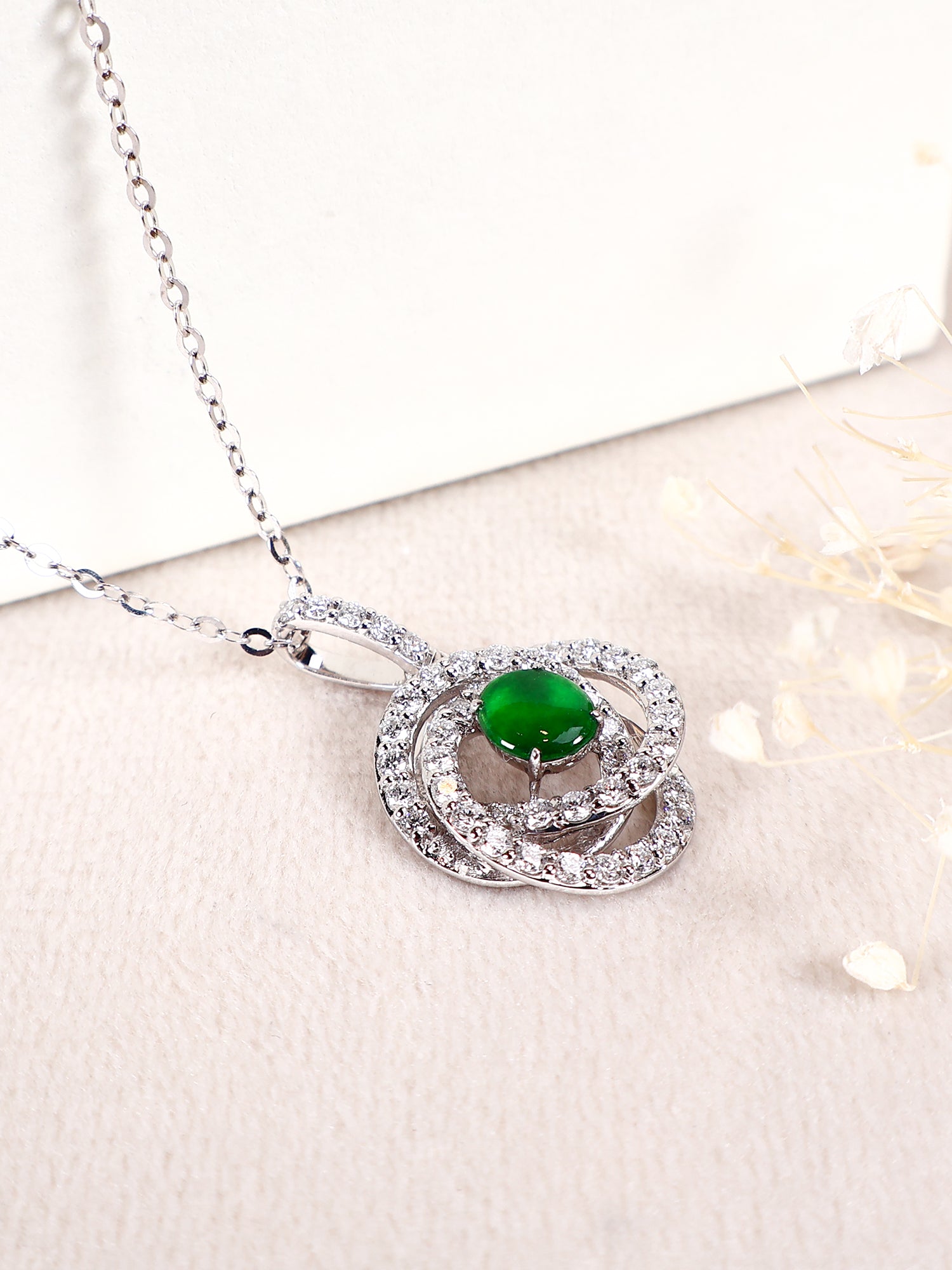 18k White Gold Diamonds Pendant, Natural Jade Necklace