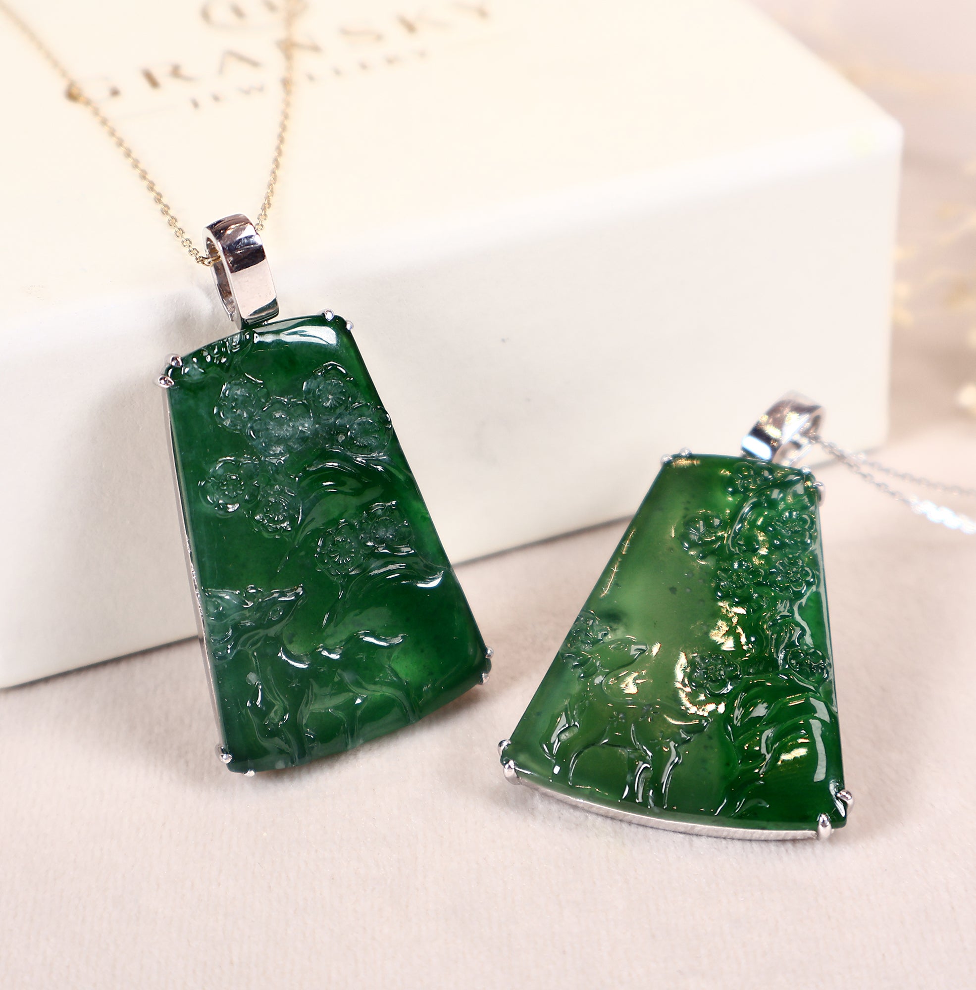 Two different sized Carving Sika Deer and Plum Flower Jade Pendant Necklaces