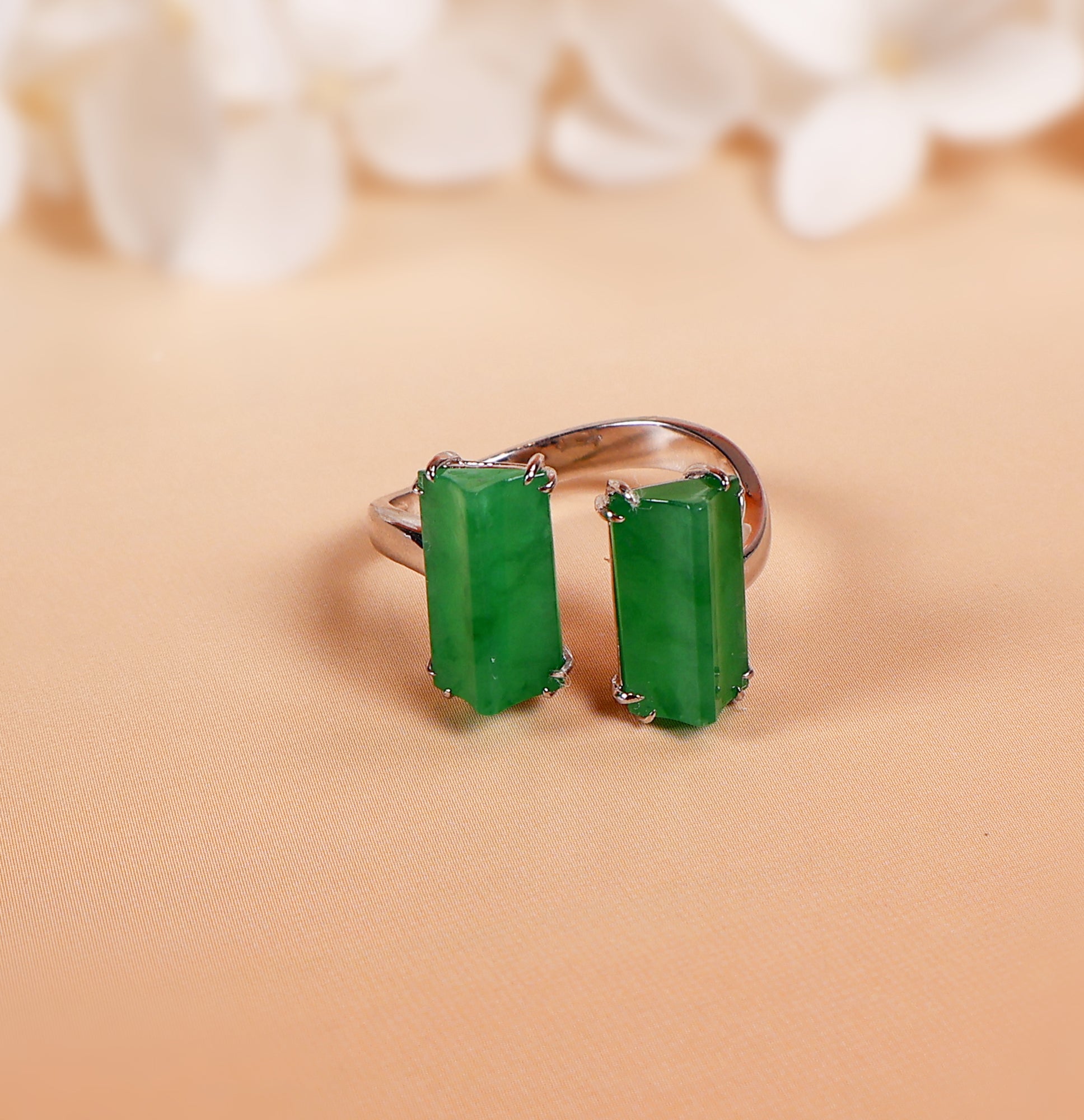 Semi-open jade ring with two jade stones
