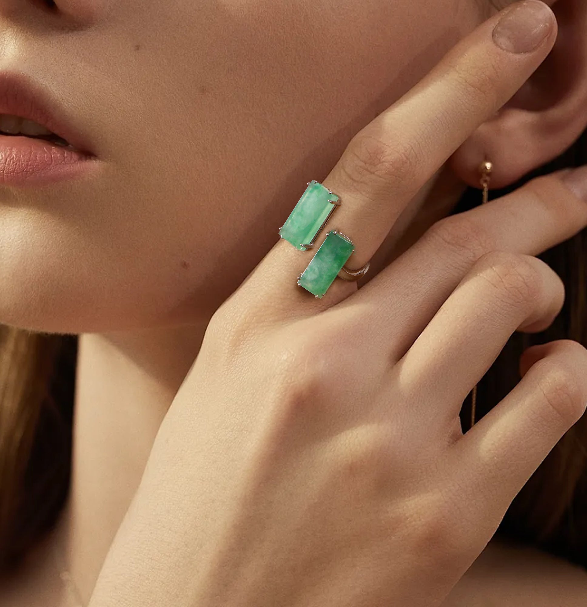 Semi-open jade ring with two jade stones