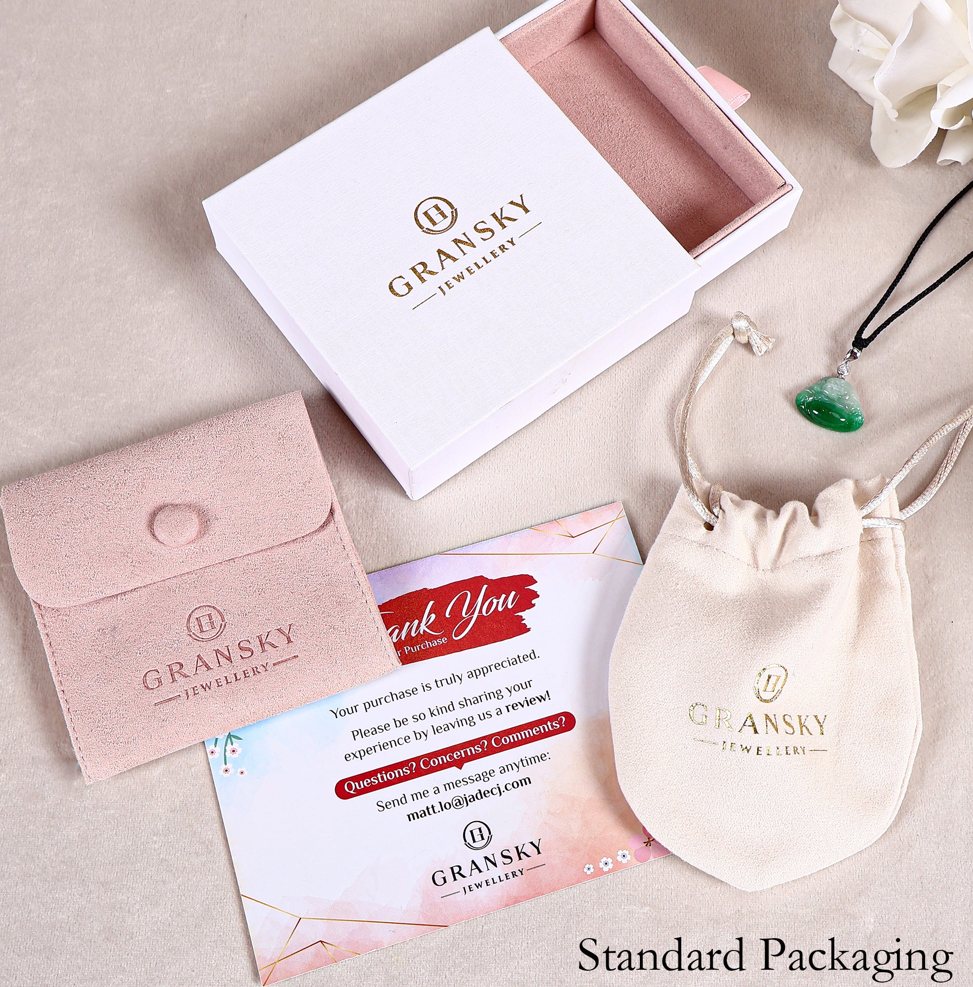 Packaging box of 18k White Gold Linked Maitreya Buddha Jade Pendant