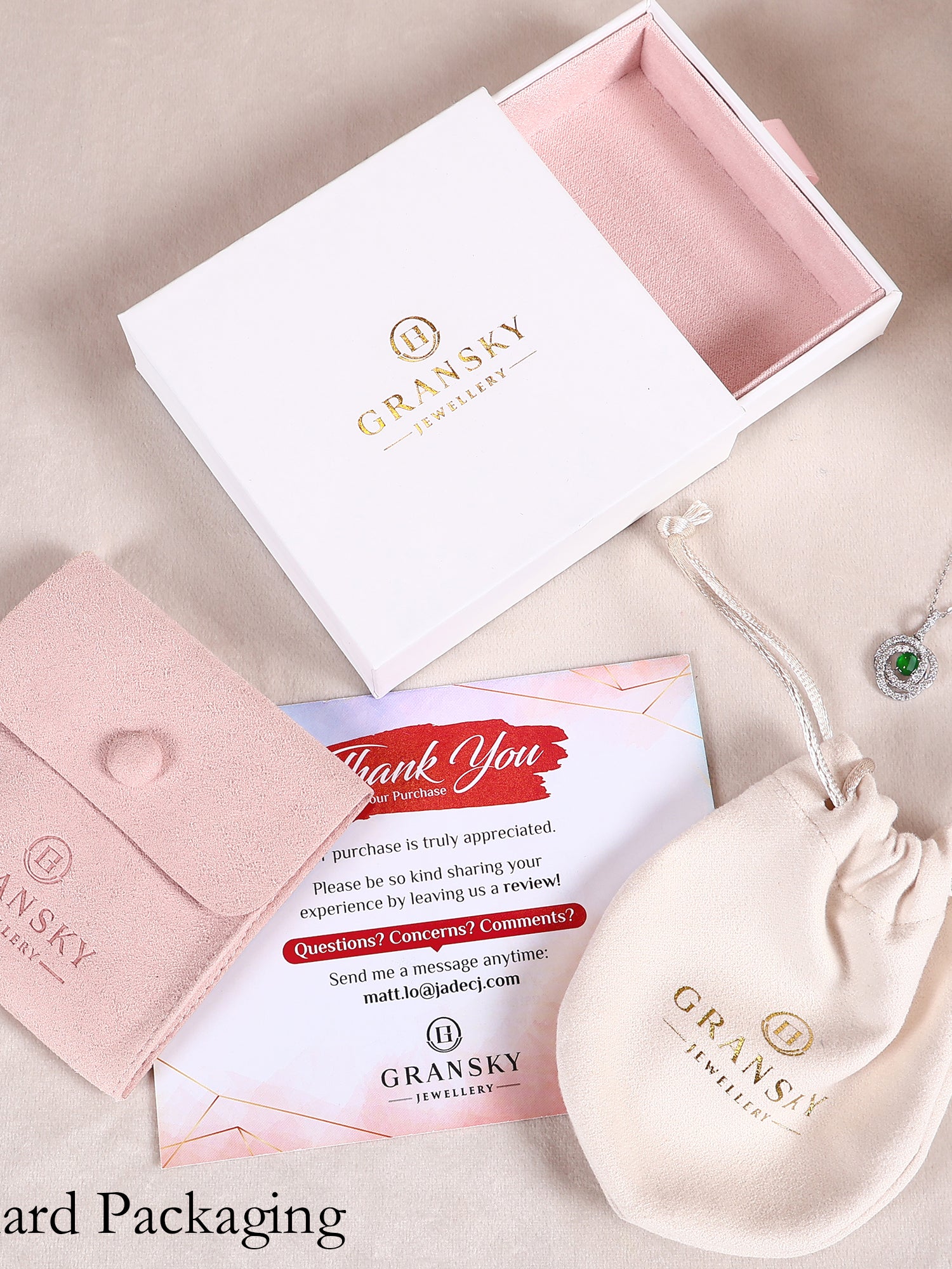 Packaging Of 18k White Gold Diamonds Pendant, Natural Jade Necklace