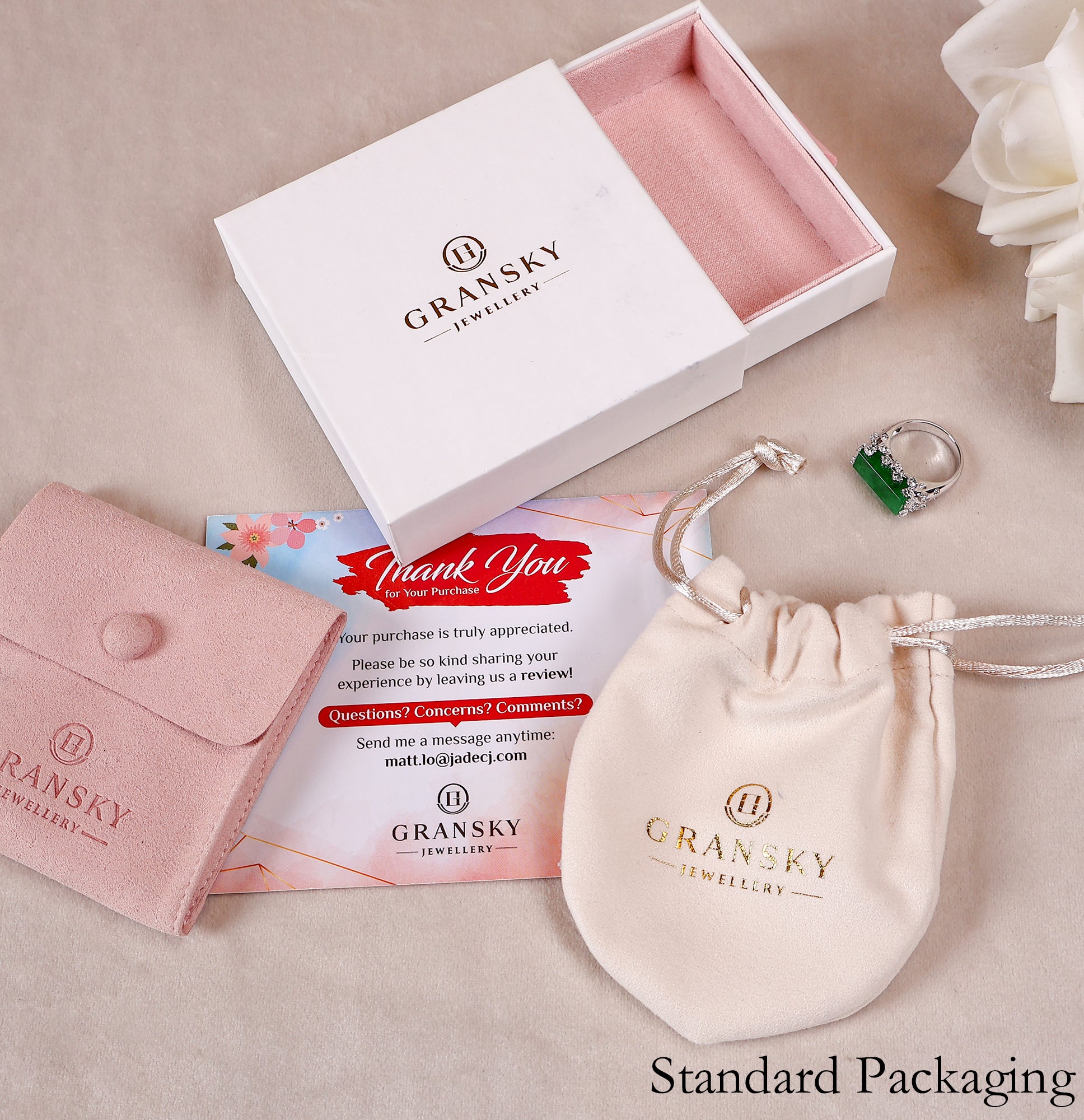 Packaging Of 18k White Gold Diamond Jade Ring