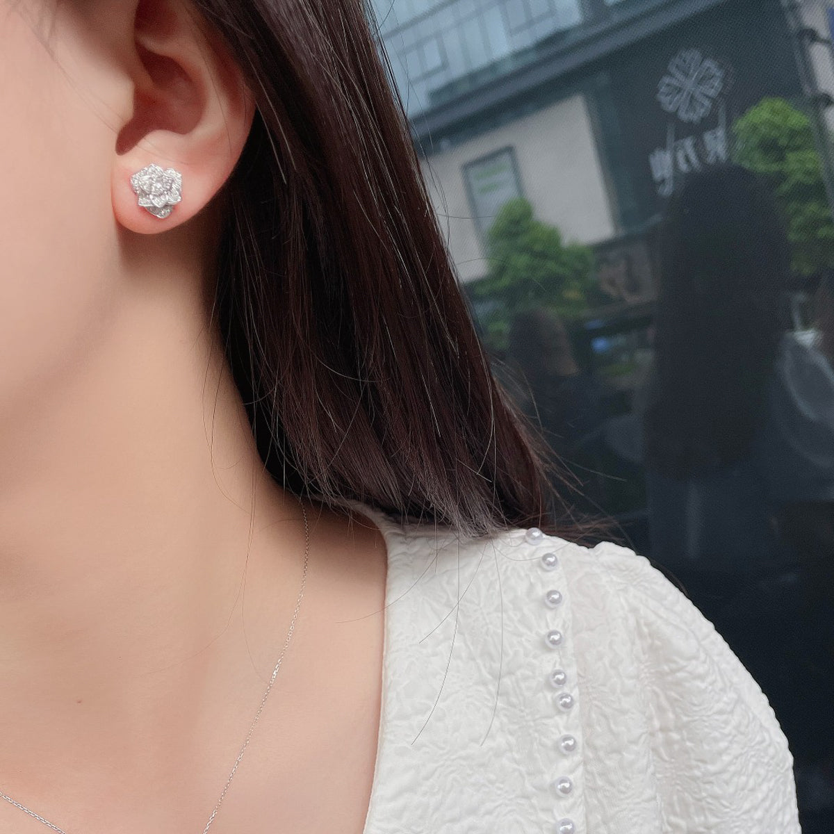 Gransky 18k White Gold Rose Diamond Earrings | Dainty Rose Stud Earrings