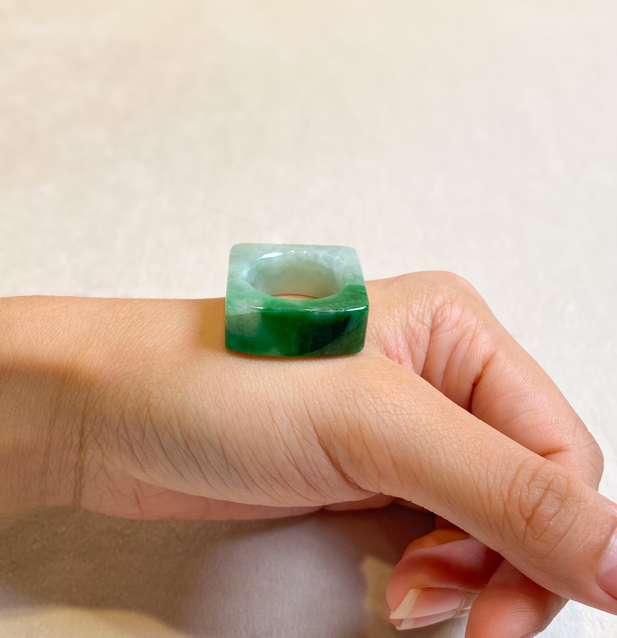 Multicolor Flat Top Green Square Jade Ring